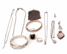 Mixed Lot: two hallmarked silver hinged bracelets, antique meshwork purse, modern 925 pendants etc