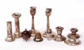 Mixed Lot: two various pairs of candlesticks (both pairs a/f), two further single squat