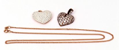 Mixed Lot: two paste set heart pendants, 9ct gold filed curb link chain, the chain 3.8gms, (3)