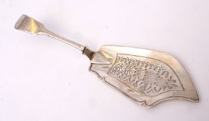 William IV Fiddle pattern fish slice, initialled, with pierced and engraved blade and presentation