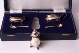 Elizabeth II cased three-piece cruet set comprising open salt, lidded mustard and pepper caster, all