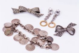 Mixed Lot: 1917-1942 three pence coin bracelet (drilled), a sterling and marcasite ribbon brooch and