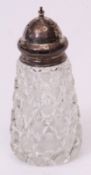 George V silver lidded sugar caster with pierced and domed screw down cover to a hobnail cut