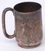 Victorian Provincial christening mug, of cylindrical form with applied rim, C-scroll handle and