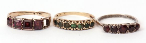 Mixed Lot: 9ct gold and small emerald ring, a 4-stone amethyst ring (one missing), together with a