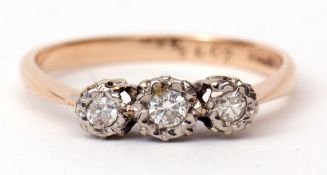Three-stone diamond ring, having 3 small diamonds each in illusion settings, diamond weight approx