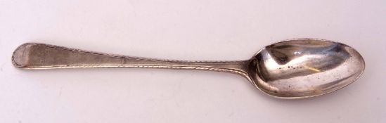 George III bottom struck Old English feather edged pattern dessert spoon, crested, length 17cms,