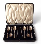 Cased set of six George VI Hanoverian pattern coffee spoons together with matching sugar tongs,