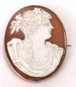 Victorian carved cameo of a lady "Anchor of Hope" brooch, 55 x 42mm, set in a yellow metal mount