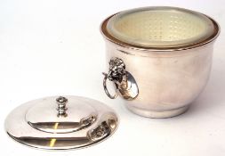 Mid-20th century EPNS ice bucket of polished circular form with pull off cover and lion mask ring