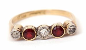 Precious metal diamond and garnet ring, alternate set with three diamonds and two circular cut
