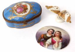 Mixed Lot: Continental porcelain model of a moth with gilt highlights, a porcelain oval plaque