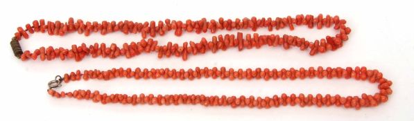 Two antique coral bead necklaces, both 210mm long (fastened) (a/f)