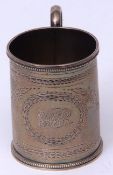 Victorian christening mug of cylindrical form with beaded rims, C-scroll handle and engraved body