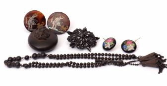 Mixed Lot: Victorian jet vulcanite cameo mourning locket/pendant, two pique inlaid cloak buttons,