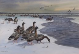 COLIN W BURNS (born 1944) "Pink Footed Geese on Brancaster salt marsh" watercolour, signed lower