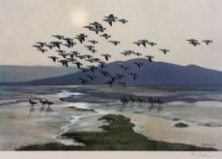 AR SIR PETER MARKHAM SCOTT, CH, CBE (1909-1989) Geese in flight over an estuary artist's coloured