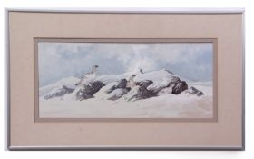 AR GILLIES CAMPBELL (CONTEMPORARY) Ptarmigan in winter landscape gouache, signed to rock 23 x 53cms