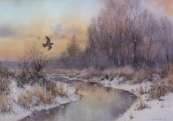 COLIN W BURNS (born 1944) "Woodcock and pheasants at dusk - Hickling" watercolour, signed lower