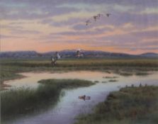 AR RICHARD ROBJENT (born 1937) Mallard and Geese in flight near Cley watercolour, signed lower right