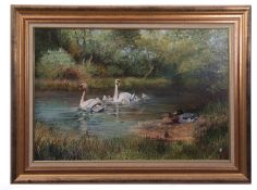 DAVID FEATHER (1952-2005) River landscape with Mallard and Swans oil on canvas, signed with