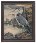 AR J LE MAY (20TH CENTURY) Heron in mountain landscape oil on board, signed lower left 60 x 50cms