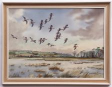 AR ROBERT W MILLIKEN (1920-2014) Geese in flight over an estuary watercolour, signed lower right