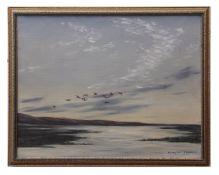 AR GEOFFREY CAMPBELL BLACK (20TH CENTURY) Geese in flight over an estuary at dusk oil on canvas,