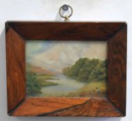 Unsigned oil on board, River landscape with figures, 9 x 12cms