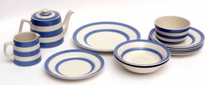 Group of kitchen wares made by T Green & Co with a typical blue banded design