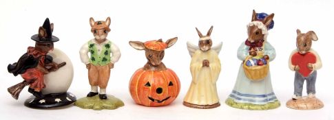 Group of six Bunnikins figures including Sweetheart Bunnikins and Halloween Bunnikins