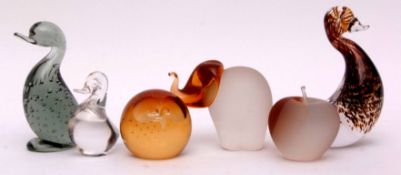Group of modern glass paperweights including three modelled as ducks in various colours (6)