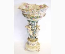 19th century Dresden pedestal bowl with encrusted floral decoration, the column mounted with figures