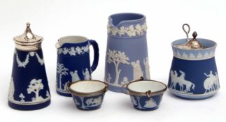 Group of Wedgwood jasperwares including various jugs and a salt cellar with silver metal top (5)