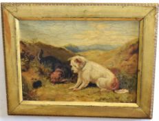 Jennot L Evans, signed and dated 1894 verso, oil on canvas, Terriers ratting, 27 x 37cms