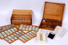 Three various boxes of NBS micro-slides including stained pollen and test diatoms and early 20th