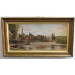 Unsigned oil, River scene with moored boats and town, 30 x 62cms