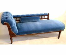 Late Victorian chaise longue with galleried back, upholstered in blue button back on ring turned