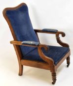 Victorian armchair, upholstered in blue with adjustable back and seat and ring turned front legs