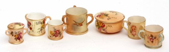 Group of early 20th century blush ground Worcester miniature wares of mainly tygs with a powder