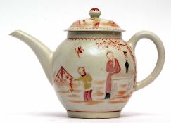 Lowestoft tea pot, circa 1775, decorated with an Oriental design of family by a table with vase of