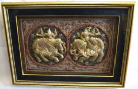 Indian filigree type embroidered large plaque depicting figures mounted on elephants in a modern
