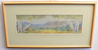 Basil Rantji, signed watercolour, Australian landscape, 14 x 50cms