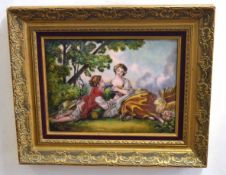 Limoges plaque in giltwood decorated with two lovers in a garden and signed Limoges, 58cms diam