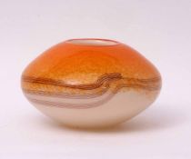Large spherical glass Studio Glass bowl with orange tint, 25cms diam
