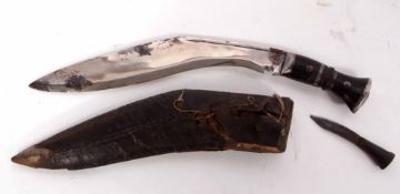 Mid-20th century horn handled Kukri with polished steel mounts and polished blade with proof mark in