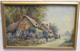 Joseph Hughes Clayton, signed watercolour, Figures before thatched cottages, 28 x 45cms