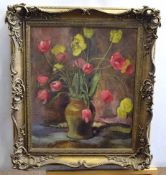 Modern British School, oil on canvas, Still Life study of tulips in a vase, stoneware jar, 59 x