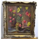 Modern British School, oil on canvas, Still Life study of tulips in a vase, stoneware jar, 59 x
