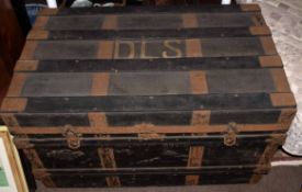 Vintage wooden banded trunk, bearing initials DLS, 92cms long